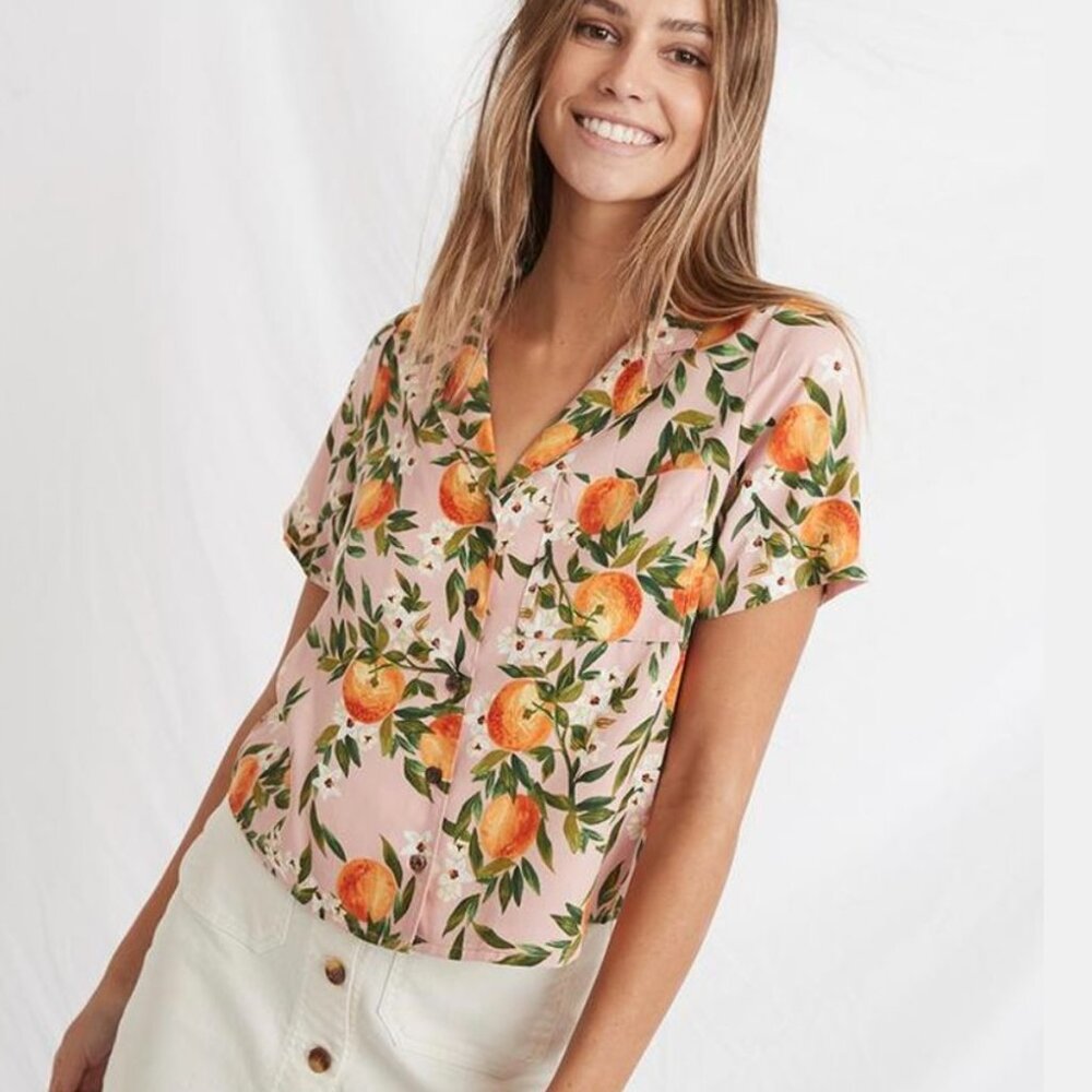 Marine Layer Cropped Button Up Short Sleeve Orange Print Shirt, Size XS